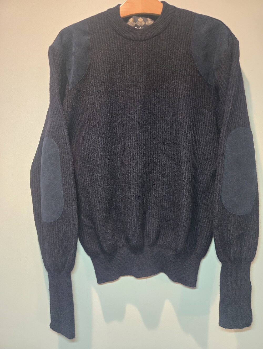 Barbour Sporting Sweater Crew Neck Navy Men's Large Merino Wool Elbow Patch